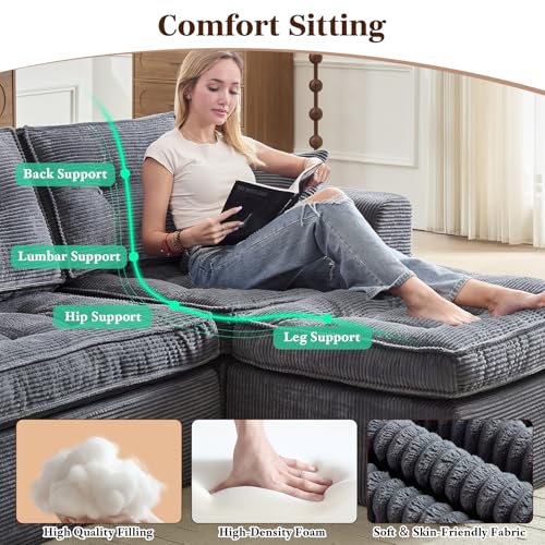 Image of ROXGOX Cloud Couches for Living Room, Modern Modular Sectional Sofa with L-Shape Chaise, Boneless Couch with Deep Seat, Plush Corduroy, No Assembly Required (Gray)