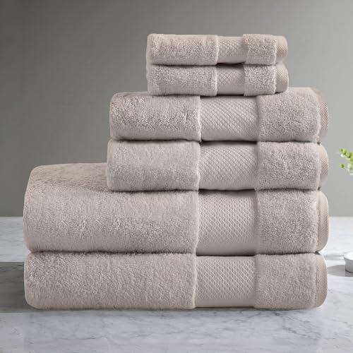 madison park turkish 100% cotton 600gsm luxury premium thick soft absorbent hotel bathroom towel set shower hand face washcloths, assorted sizes, taupe 6 piece taupe 6-piece towel set (30"x58")