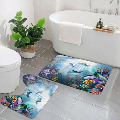 AELKSP Set de Tapis de Bain 2 Pièces,Monde sous Marin Poissons Corail Dauphin Plantes Vie Marine sur Fond Bleu,Ensemble Tapis Salle de Bain Extra Longs et...