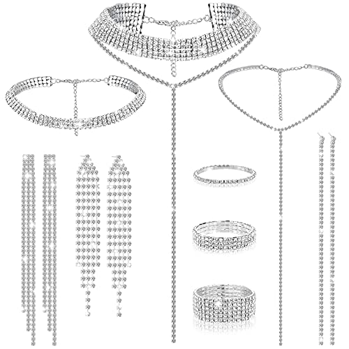 Hicarer 9 Pcs Rhinestone Jewelry Set for Women Rhinestone Necklace Bracelet Bangle Earring for Wedding Bride Party Accessory