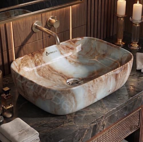 Image of Designer Ceramic Wash Basin For Bathroom | Over Counter Bathroom Basin | Counter Top Bathroom Sink | Wash Basin For Restaurant, Hotel (18 x13 x 5 Inch) (138)