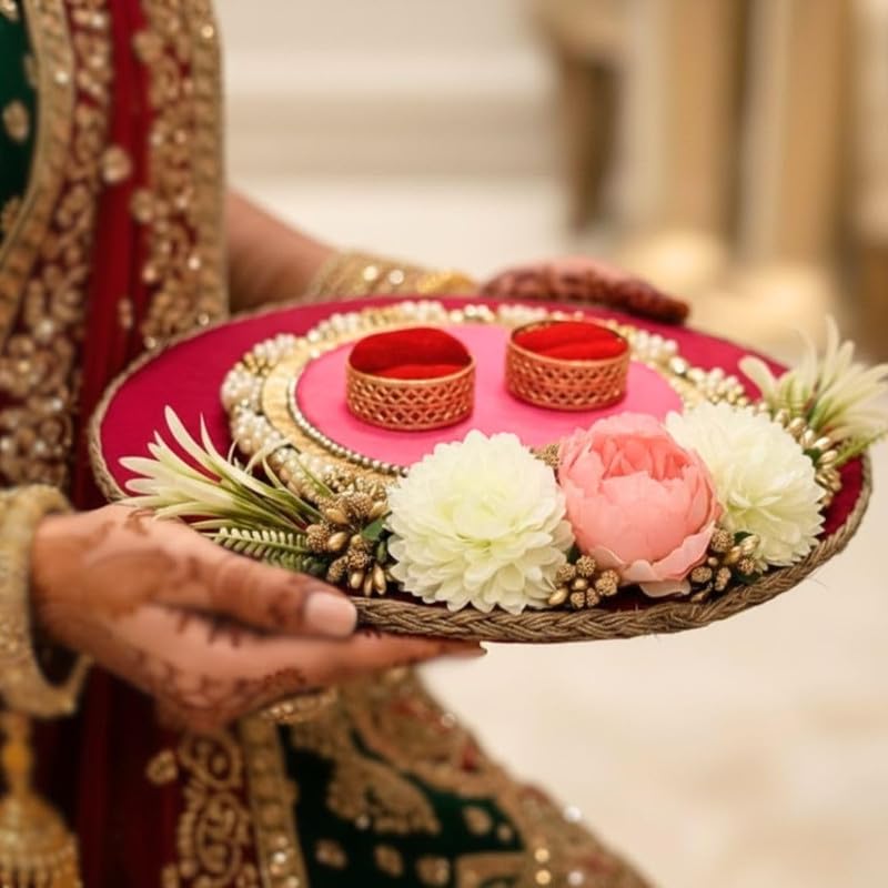 SATYAM KRAFT 1 Pcs Wood Handcrafted Engagement Ring Platter Tray Holder with Artificial Flowers | Round Thali for Shaadi, Marriage, Wedding Ceremony | Platter for Bride & Groom, Bridesmaids,Red