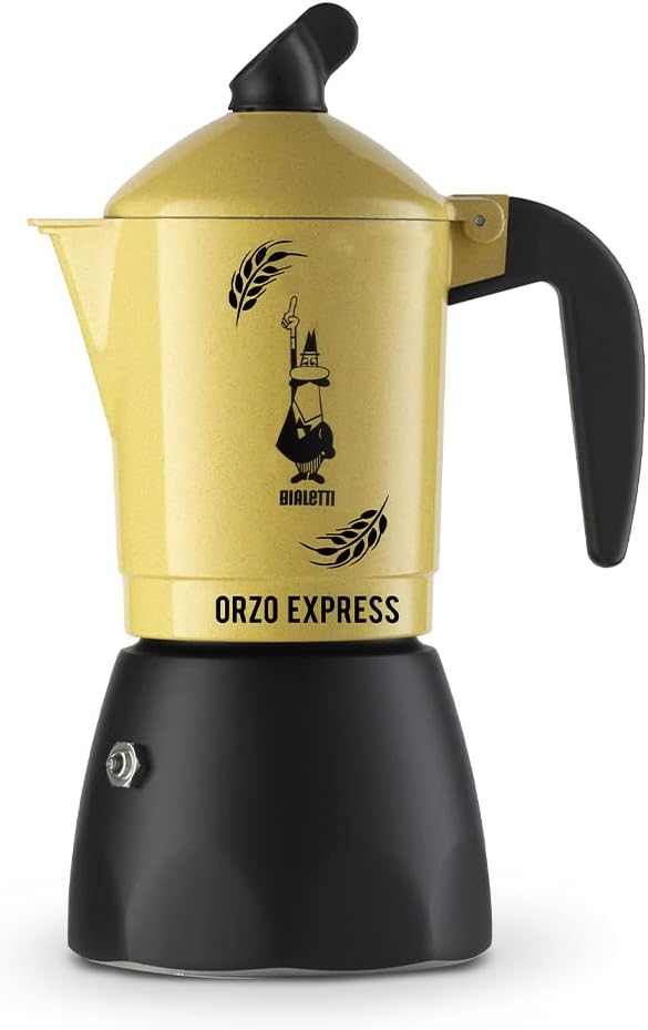 Moka Orzo Express Caffettiera con Orziera, Alluminio, Giallo, 2 Tazze