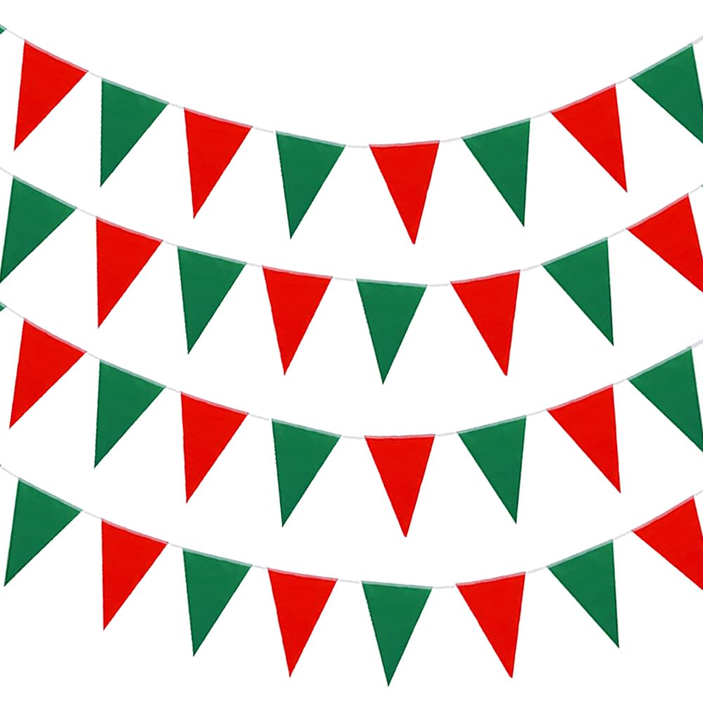 Green and Red Pennant Banner,2 Pcs Christmas Party Triangle Flag Garland Hanging Bunting Banner Streamer for Christmas New Years Festivals Graduation Garden Hanging Decorations,16.4 ft/Pcs