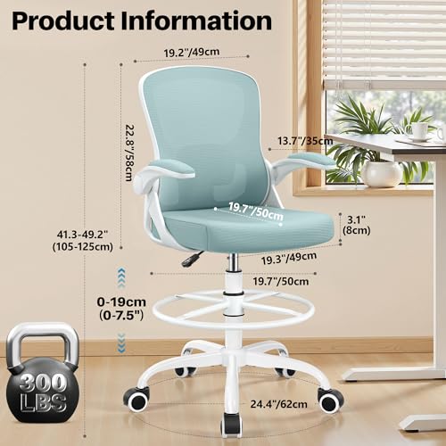Image of Drafting Chair Tall Office Chair for Standing Desk - Ergonomic Computer Work Stool with Lumbar Support, Flip-up Arms & Foot Ring. for Studio Artist Engineer Gaming Bar Study (Light Blue)