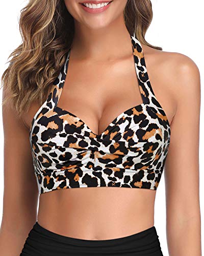 Tempt Me Women Leopard Bikini Top Push Up Swim Top Halter Retro Bathing Suit Top Padded Swimsuit Top Only XL