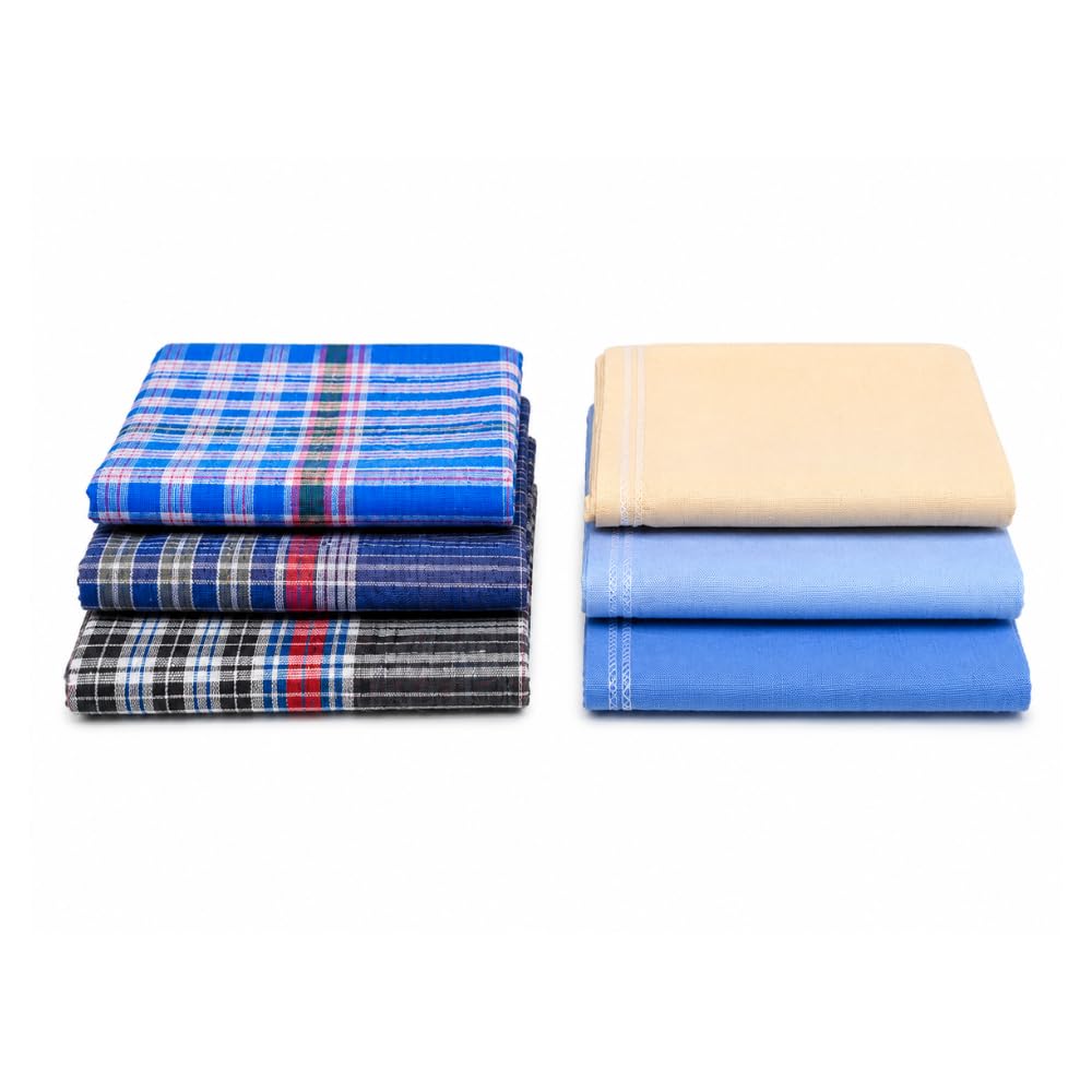 Handkerchief for Men Combo Pack of 6 (3 Checkered + 3 Plain) | 100% Pure Cotton Hanky | Soft Absorbent Reusable Washable Big Size Hand Kerchief | Premium Cotton Rumal for Formal Office Daily Use-image-19