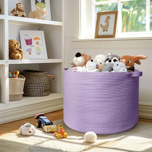 Image of MEGASKET 115L Extra Large Purple Storage Basket, 23.6 inch X 15.7 inch Jumbo Woven Cotton Rope Bin for Throw Blankets Pillows, Baby Laundry Basket, Dirty Clothes Organizer, Big Storage Box for Toys, Towels