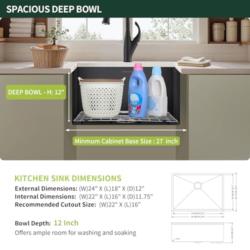 Image of 24-inch Black Undermount Laundry Utility Sink, Stainless Steel | 24x18x12 Extra Deep Single Bowl for Laundry, Garage and Outdoor Kitchen with Grid, Strainer and Drying Rack, Nano PVD Finish
