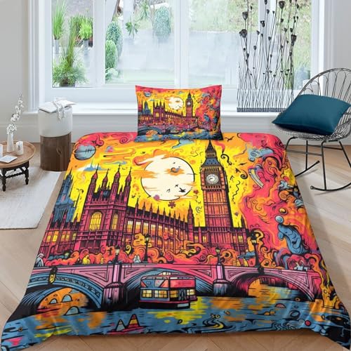 Housse de couette zippée 3 pièces motif Londres avec taies d'oreiller microfibre douce