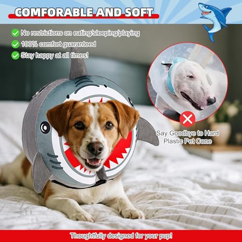 Image of KOOLTAIL Inflatable Dog Cone Collar, Soft Donut E Collar for Dogs After Surgery to Stop Licking Enhanced Alternative, Blow Up Pet Neck Pillow Recovery Adjustable Cone for Dog Cat, Upgrade Size,Shark L