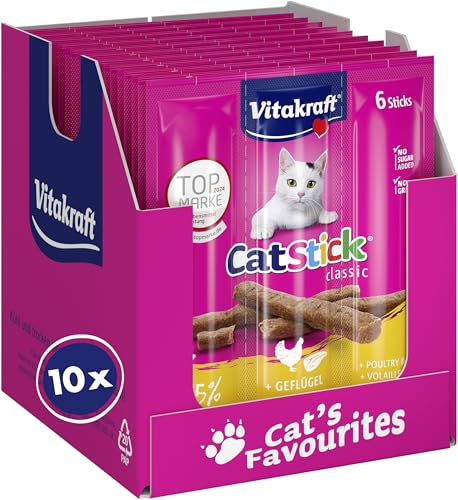 Vitakraft Cat Stick Classic, snack gatto, bastoncino con carne, con pollame e fegato, confezione scorta, senza zuccheri aggiunti (10x 36g)