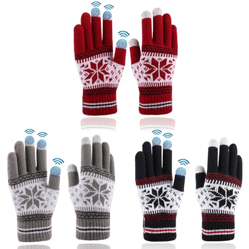 Votoko 3 Stück Handschuhe Damen Winter, Touchscreen Thermo Strickhandschuhe Kaschmir Warm mit Fleecefutter, Herren Frauen Winterhandschuhe Damen für Radfahren Outdoor Weihnachten Geschenkideen