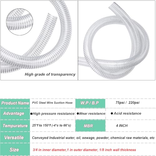 Geowaky Steel Wire Hose 3/4"id x 10ft Flexible Suction Hose PVC Reinforced Tubing Heavy Duty Clear Vinyl Vacuum Line Tubing High Pressure Drain Hose - Image 4