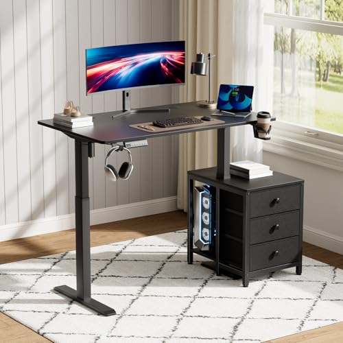 Image of REAHOME Electric Standing Desk with Drawers, 47 x 24 Inches Height Adjustable Sit Stand Desk with Storage, 3 Memory Preset Home Office Computer Desk, Printer Cabinet, 2 Hooks, Cable Management, Black