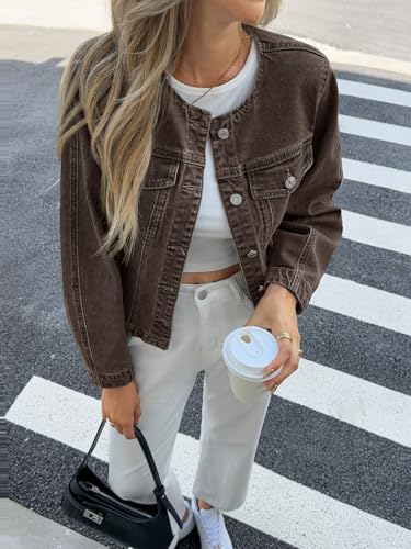 Tankaneo Womens Cropped Jean Jacket Trendy Crewneck Button Down Short Denim Jacket Y2k Slim Fit Casual Shacket2
