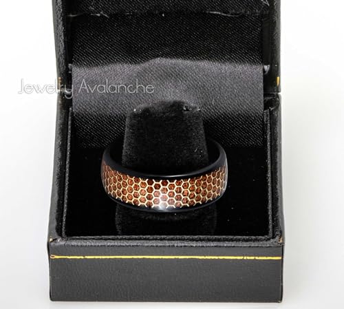 Dome Black IP 8mm Rosewood Inlay and Honeycomb Cut-out Wedding Band Comfort Fit - Mens Tungsten Carbide Ring - #966s73