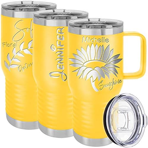 Personalized Tumblers with handle, Splash Proof Lid, Your Name/Text Engraved in USA Customized Cups, Stainless Steel Vacuum Insulated Coffee Mugs, Gifts Idea for Sister by iProductsUS (Yellow 20oz)
