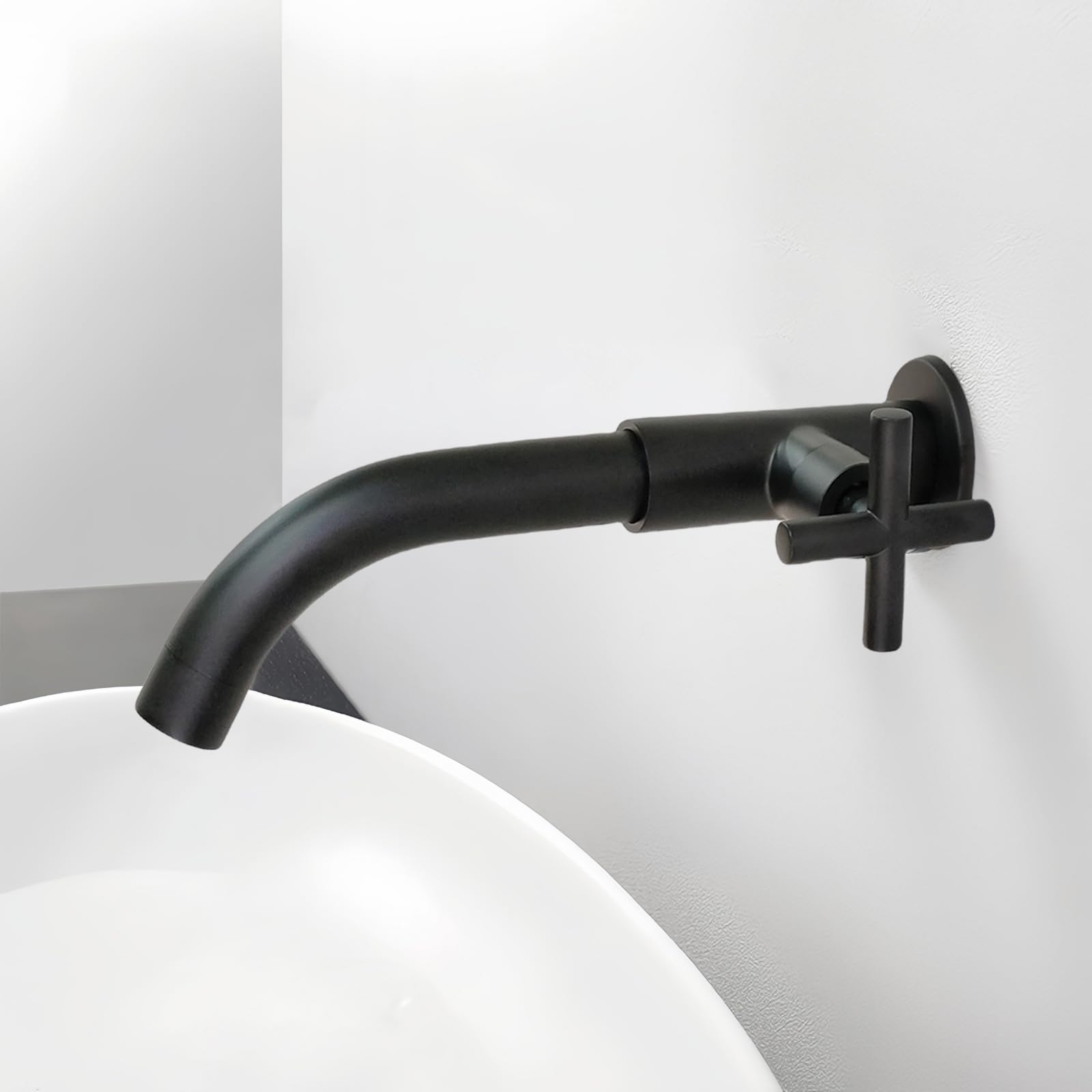 Grifo Mural de Agua Fría Negro, 23CM | Grifo lavabo de Pared de latón negro, giratorio 360°, G1/2, para jardín exterior baño cocina lavandería mop pool