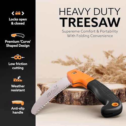 Image of JD FRESH Folding Hand Saw for Wood Cutting, 7.5 Inch 65Mn High Carbon Steel Triple Cut Blade for cutting, pruning, camping, gardening and Outdoor Use, Safety Lock, Anti Slip Handle, Black & Orange