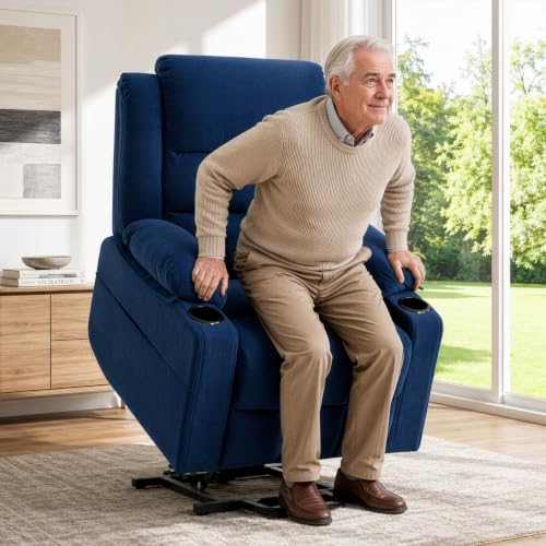 Image of Power Lift Recliner Chair for Elderly Adults with Massage and Heat, Fabric Electric Recliner Sofa with Side Pocket, Two Cup Holders for Living Room L9912 (Navy Blue)