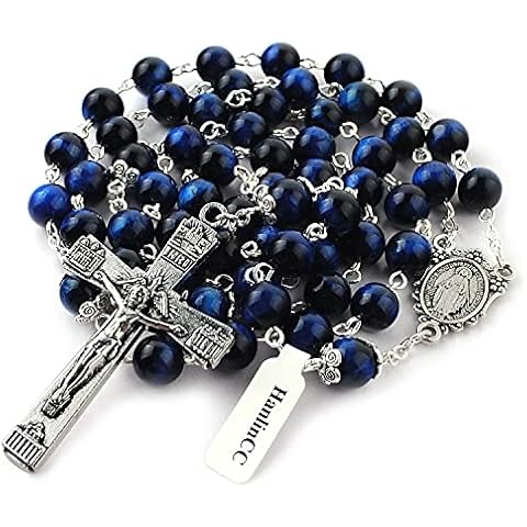 HanlinCC 8mm Natural Blue Tiger Eyes Gemstone Beads Miraculous 5 Dacade Rosary Necklace with Anti-Silver Catholic Crucifix Pack in Leather Gift Box Cover