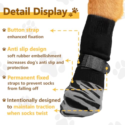 OYIWINMI 4 Stück Pfotenschutz Hund Robuste Anti,Schützende Hundesocken,Anti-Slip Dog Paw Protector Bottom Rubber Sole Dog Boots with Adjustable Straps for Indoor Outdoor Wear (L)