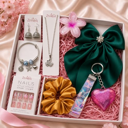 Image of 8-Piece Women's Fashion Jewelry hamper & Hair Accessories Gift Set | Pendant Chain, Charm Bracelet, Oxidised Jhumki Earrings | Satin Hair Bow, Scrunchie & Big Flower Claw Clip | Random Colors & Designs, Raksha Bandhan - Rakhi Gift (ZEV GIFT HAMPER)