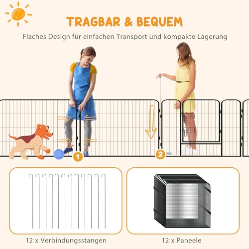 PawHut Welpenlaufstall 12-teilig 80cm hoch faltbar flexibel DIY Welpenauslauf mit 2 abschließbarer Tür 12 Gitterplatten Stahl Hundelaufstall für mittlere Hunde für drinnen draußen Aufbau werkzeugfrei