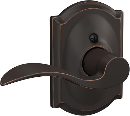 SCHLAGE - Manija de puerta Accent con moldura Camelot, apertura a la derecha, de función simulada sin giro para un lado de la puerta en bronce