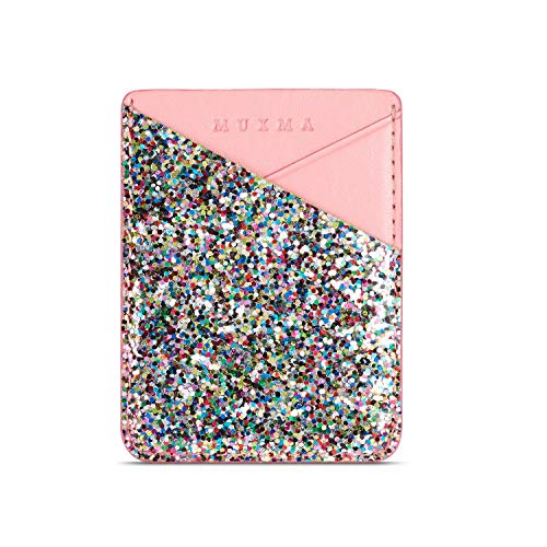 Arlgseln Glitter Phone Card Holder, Multi-Functional ID Credit Cards Slot Adhesive Purse Sleeve Stick on Wallet for iPhone 11 Pro/XS/SE,Galaxy Note 20 Ultra/S10/A70/A51 (Colorful+Pink)