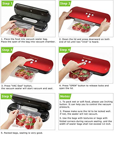 KitchenBoss Vacuum Sealer Machine for Preservation Automatic Vacuum Sealing System, Intelligent LED Indicator Lights,with Starter Kit Inclued 20 PCS Bags(Red)