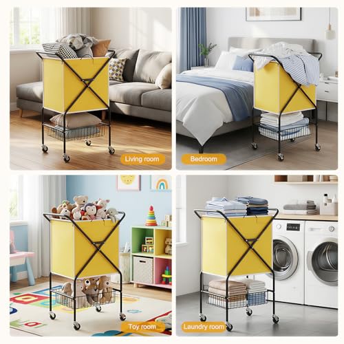 Image of Convenient Laundry Basket with Wheels,36 inch High Easy Rolling Laundry Cart with Wheels,Heavy Duty Dirty Clothes Laundry Hamper with Handles Removable Bag for Seniors,Folding Metal Frame /Yellow /98L