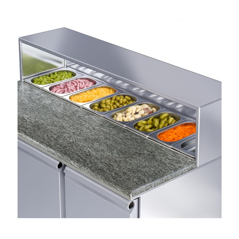 Torre de Pizza Refrigerada 3 Puertas – Encimera de Granito – Top con ingredientes GN 1/6 – 330L – Temperatura -2°/+8°C – Ideal para Pizzerías y Restauradores