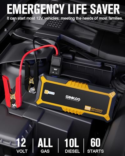 GOOLOO GP4000 Jump Starter 4000A Peak Car Starter (All Gas,up to 10.0L Diesel Engine) SuperSafe 12V Lithium Jump Box & GOOLOO GT150 Tire Inflator Portable Air Compressor