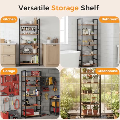Image of DUMOS 5-Tier Bookshelf, Modern Tall Bookcase, Open Storage Display Shelf for Living Room, Bedroom, Home Office, Narrow Standing Shelving Unit for Books, CDs, Decor,Rustic Brown