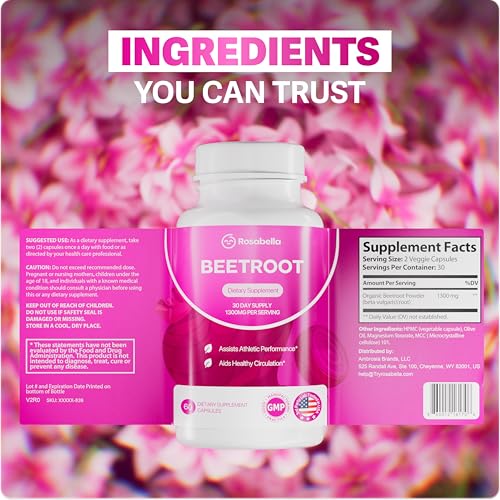 Image of Rosabella Organic Beet Root Capsules - 1300mg Beet Root Powder Aids Healthy Circulation & Vitality, Non-GMO, Beet Root Supplement - 120 Capsules, 60-Day Supply