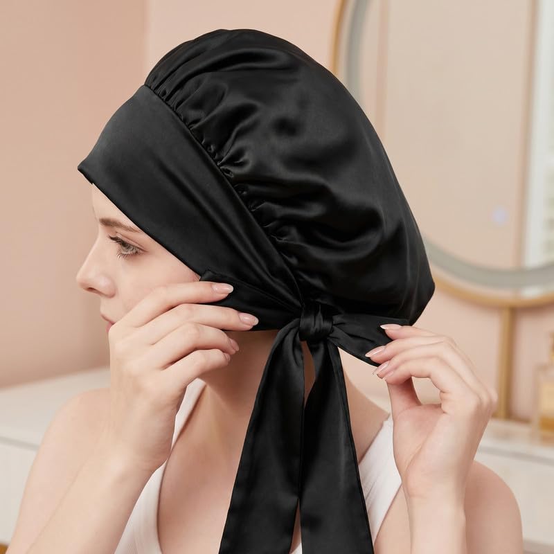 100% Mulberry Silk Bonnet for Sleeping Women, Double-Layer Sleep Cap with Tie Band, Sleep Cap for Hair Care Black