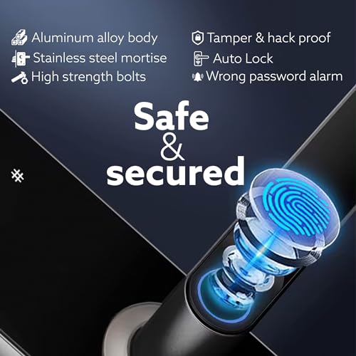 Image of AGARO Royal Smart Door Lock with Handle, Auto Lock, Unlock with Finger Print /RFID Card /PIN Access /App with Bluetooth /Manual Key Access, Digital Door Lock, Anti-Theft Lock, Home Safety, Black