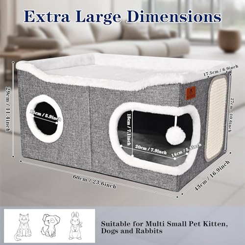 Extra Large Cat Beds for Indoor Cats, Covered Cat Cave Beds & Furniture with Scratch Pad and Fluffy Ball, Foldable Cat Condo Hideaway with Reversible Cushion for Multi Small Pet Large Kittens, Grey - Image 3