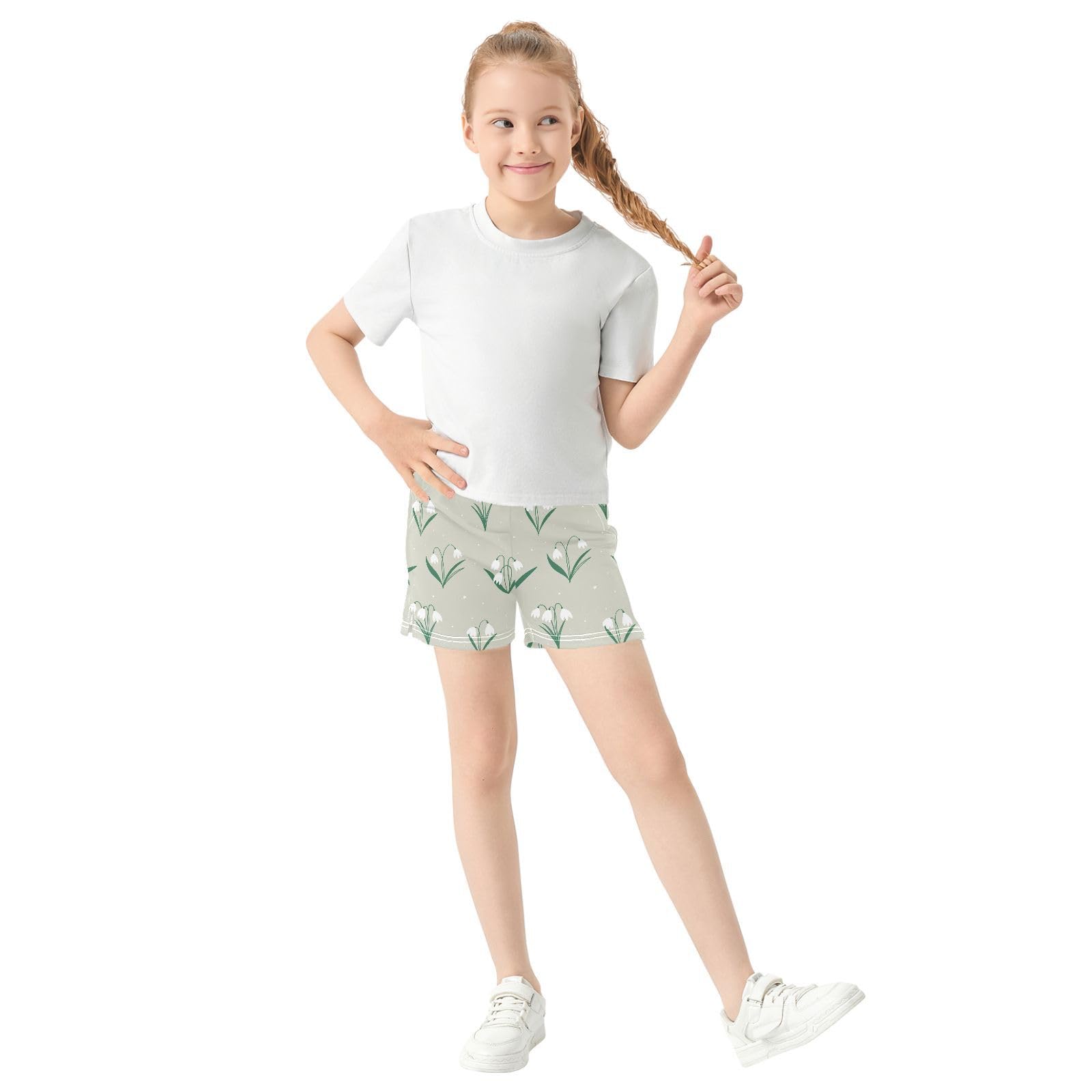 pnyoin Girl's Shorts White Flowers Athletic Running Shorts with Pockets Size 9-10t