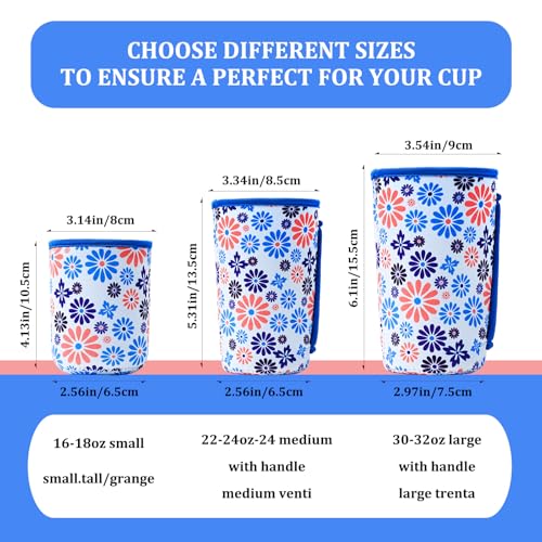 Image of KJQJLY 3 Pack Reusable Iced Coffee Sleeves for Iced Coffee Cups or Drinks Reusable Neoprene Insulated Sleeves for Hot and Cold Drinks from Starbucks, Dunkin, And More (Blue Flower)