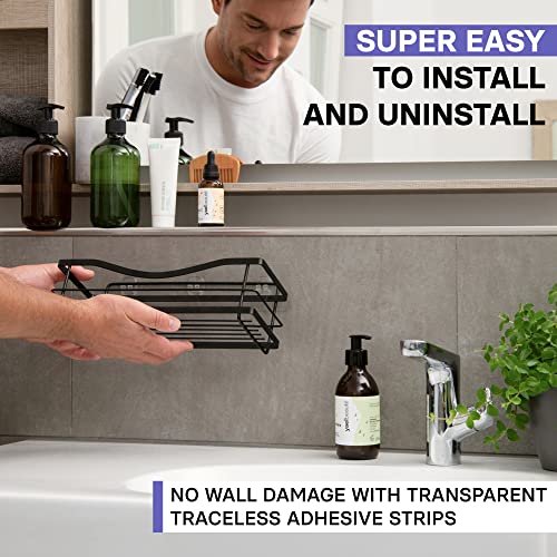 KINCMAX-Shower-Caddy-for-Inside-Shower-Self-Adhesive-Wall-Shower-Organizer-w-4-Hooks-Large-Capacity-No-Drill-Bathroom-Shelf-Stainless-Steel-Kitchen-Spice-Rack-Matte-Black