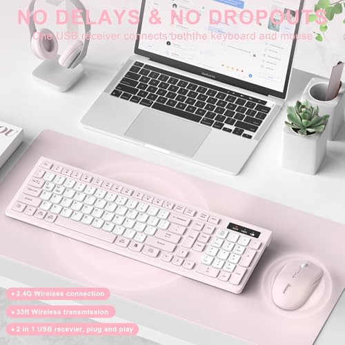 Image of Wireless Keyboard and Mouse Combo, Full-Sized Quiet Wireless Keyboard and Adjustable DPI Mouse, 2.4GHz USB Receiver, Keyboard and Mouse for PC, Windows, Desktop, Laptop (Pink and White-B)