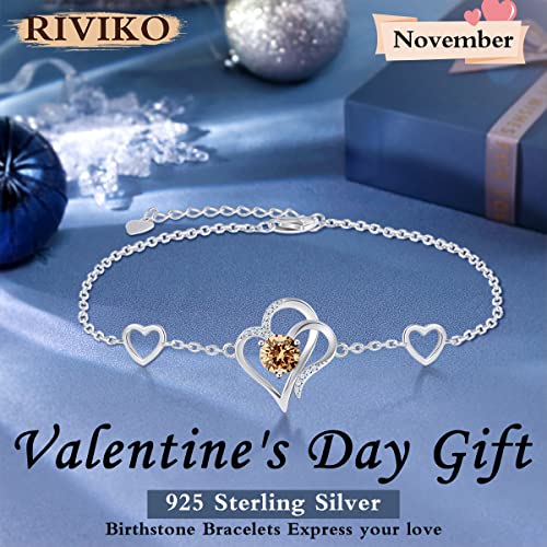 RIVIKO Love Heart Charm Bracelet For Women 925 Sterling Silver With Zirconia Birthstone Bracelets Adjustable Link for Mother Wife Sister Birthday Mother's Day Anniversary Jewelry Gift2