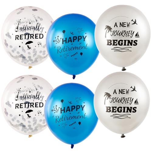 SUNBEAUTY 18 Pcs Happy Retirement Balloons With Pattern 12 Inch Blue and White Retirement Latex Sequin Balloons for Birthday Graduation Baby Shower Wedding