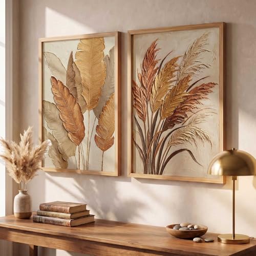 Image of kotart Golden Leaf Art Wall Painting Home Decoration With Frame For Living Room Bed Room Hotel Wall Decor Digital Reprint Engineered Wood Set of 2 (14 X 20 INCH)