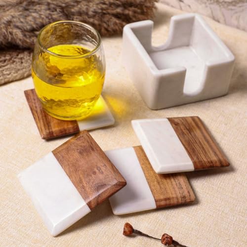 Image of DREAMY WALLS Marble Coasters Set of 4 with Holder, Acacia Wood Inlay, Dining Table Coasters for Hot Pots Tea & Coffee Mugs Table Coasters Decorative Items for Home Decor