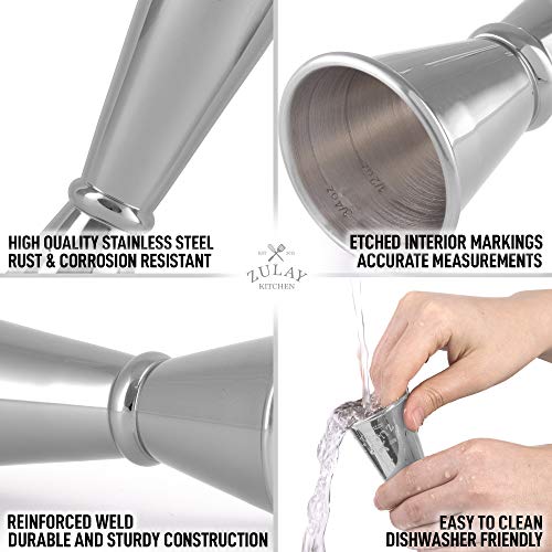 Zulay Kitchen Shot Measure Jigger For Bartending - Cocktail Jigger 18/8 Food-Grade Stainless Steel - Jigger 2 Oz 1 Oz Etched Markings - Cocktail Measuring Cup Japanese Jigger - Double Jigger (Chrome) #TOP3