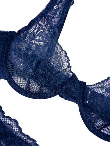 Image of Lilosy Sexy Floral Lace Scallop Underwire Push Up Sheer Lingerie Set Outfits